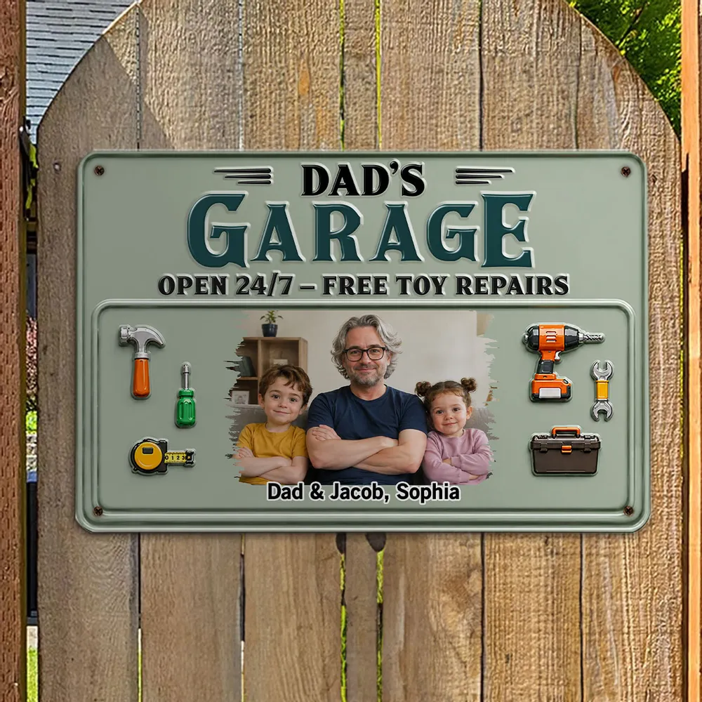 Personalized Rectangular Iron Sign, Arms-Crossed Dad & Kids Garage Photo, Creative Gift for Dad - Image 3