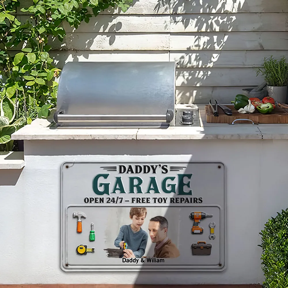 Personalized Rectangular Iron Sign, Arms-Crossed Dad & Kids Garage Photo, Creative Gift for Dad - Image 4