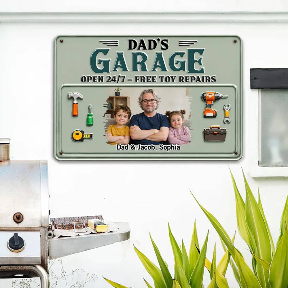 Personalized Rectangular Iron Sign, Arms-Crossed Dad & Kids Garage Photo, Creative Gift for Dad - Image 6