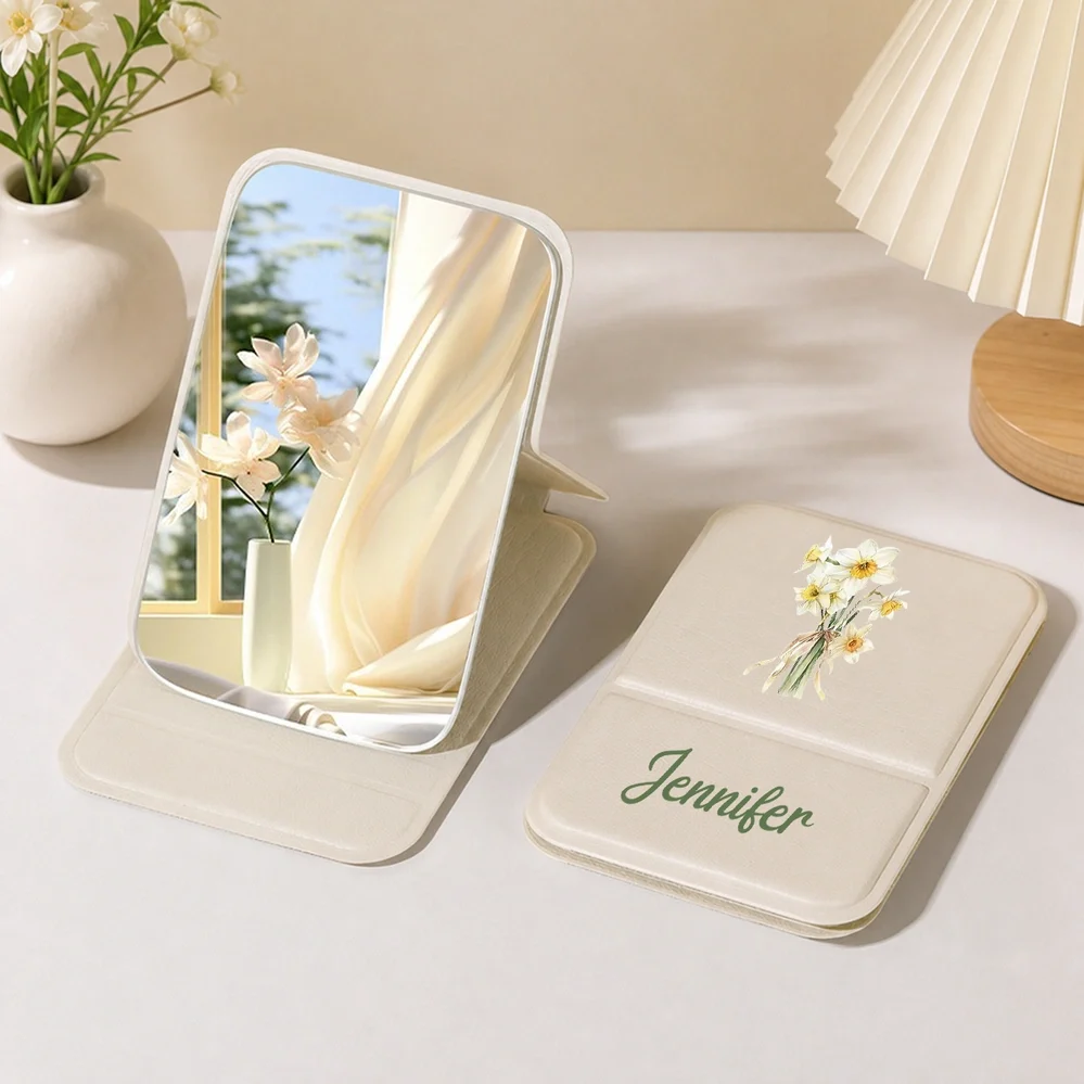 Leather Folding Makeup Mirror with Soft Floral Art, Custom Keepsake, Creative Gift for Beauty Lover