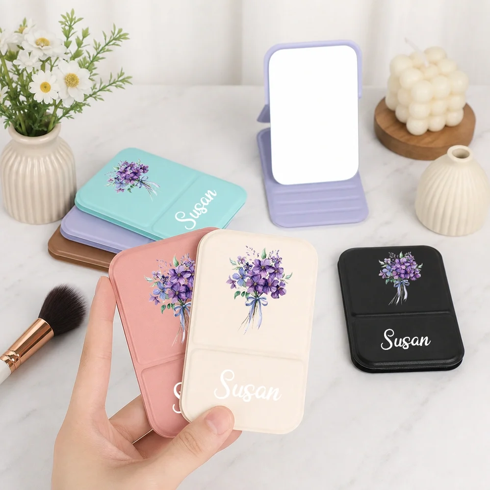 Leather Folding Makeup Mirror with Soft Floral Art, Custom Keepsake, Creative Gift for Beauty Lover - Image 3