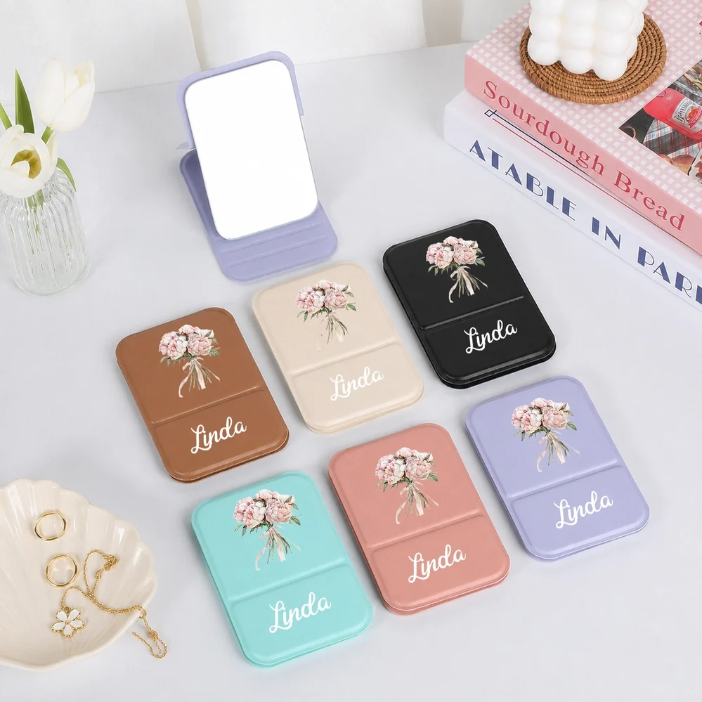 Leather Folding Makeup Mirror with Soft Floral Art, Custom Keepsake, Creative Gift for Beauty Lover - Image 4