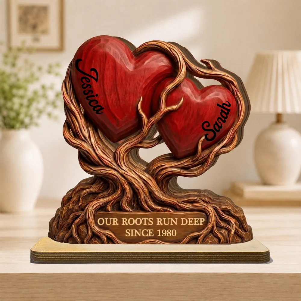 Personalized 2-Layer Wooden Plaque With Heart Tree, Our Roots Run Deep, Unique Gift For Couple