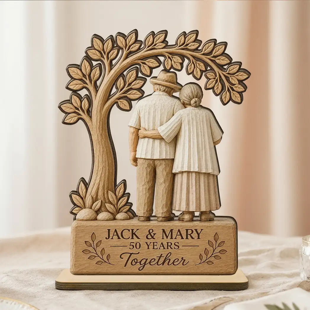 Custom Wooden Plaque with Arm-in-Arm Couple Under Leafy Tree, Creative Gift for Husband & Wife