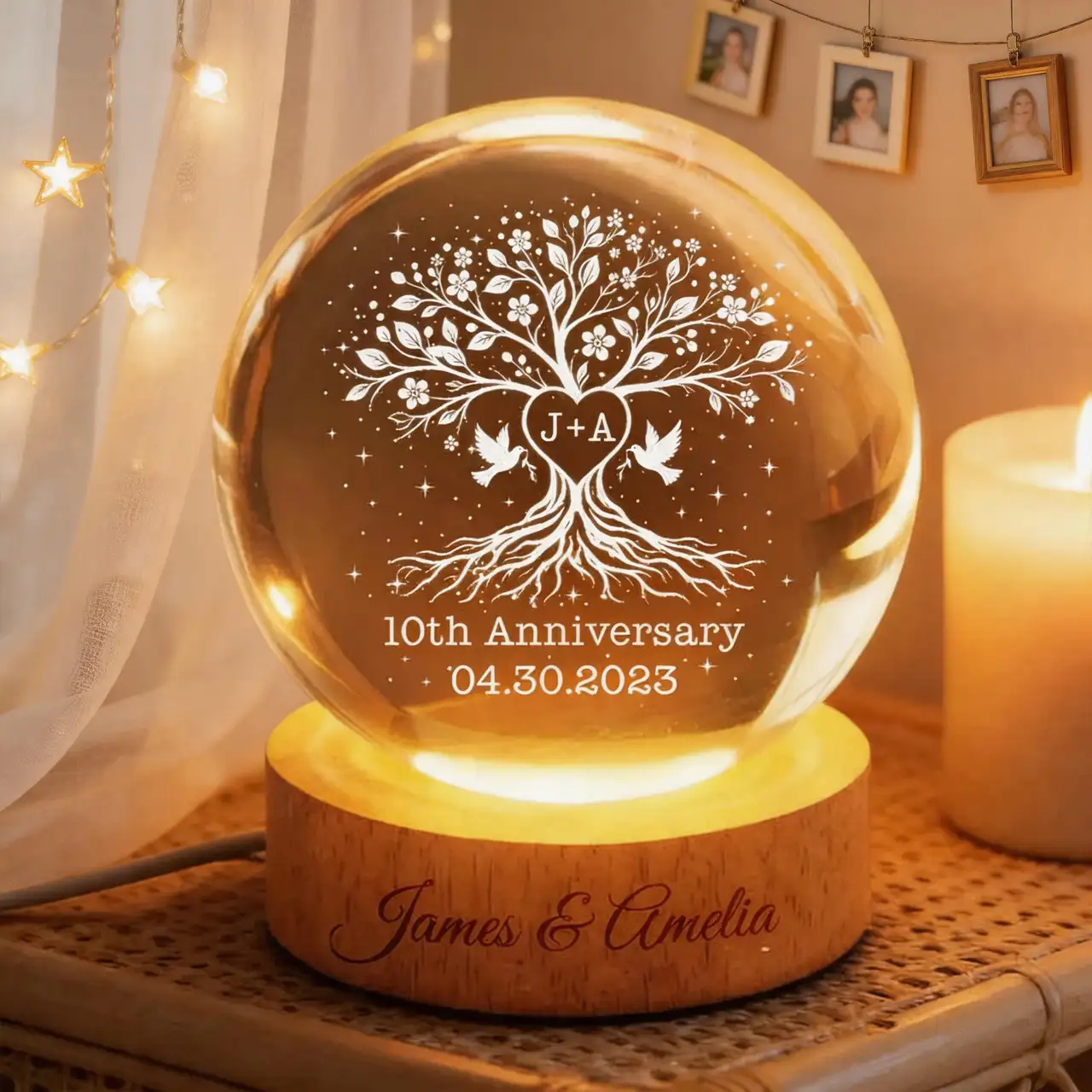 Personalized Globe Lamp, Tree of Life Anniversary Design, Unique Gift for Couple with Warm Bedside Glow