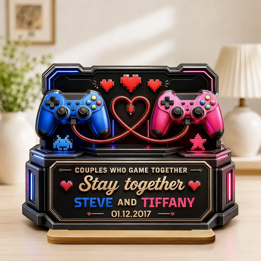 Personalized 2-Layer Wooden Plaque for Gamer Couple, Controller & Pixel Hearts Creative Gift