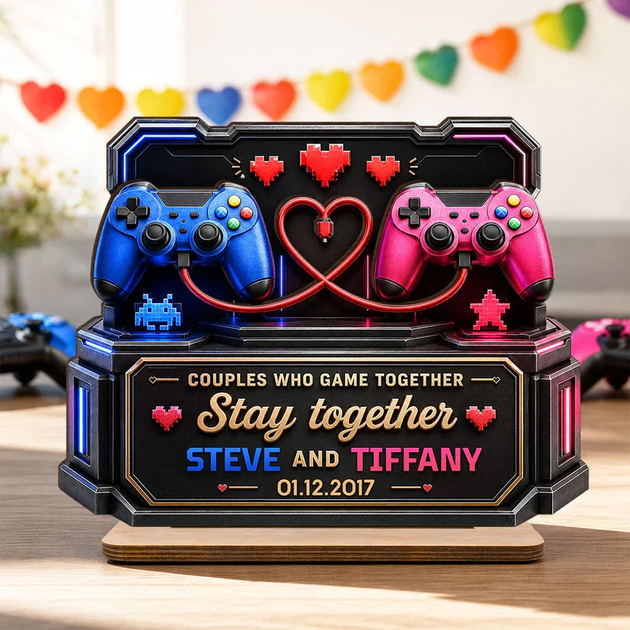 Personalized 2-Layer Wooden Plaque for Gamer Couple, Controller & Pixel Hearts Creative Gift - Image 2