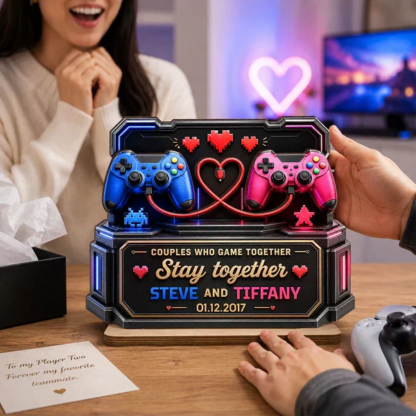 Personalized 2-Layer Wooden Plaque for Gamer Couple, Controller & Pixel Hearts Creative Gift - Image 3