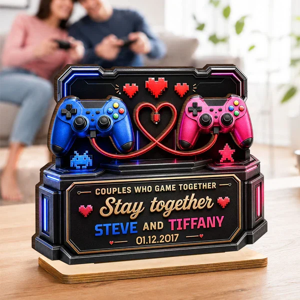 Personalized 2-Layer Wooden Plaque for Gamer Couple, Controller & Pixel Hearts Creative Gift - Image 6