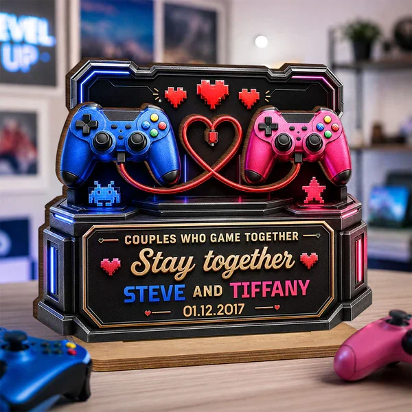 Personalized 2-Layer Wooden Plaque for Gamer Couple, Controller & Pixel Hearts Creative Gift - Image 7