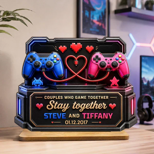 Personalized 2-Layer Wooden Plaque for Gamer Couple, Controller & Pixel Hearts Creative Gift - Image 8