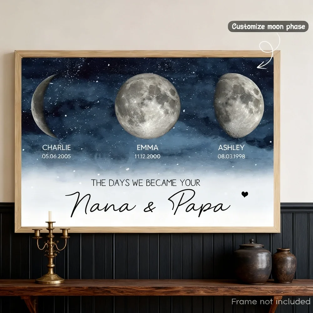 Personalized Moon Phase Poster, Custom Grandparents Wall Art, Unique Gift for Nana & Papa