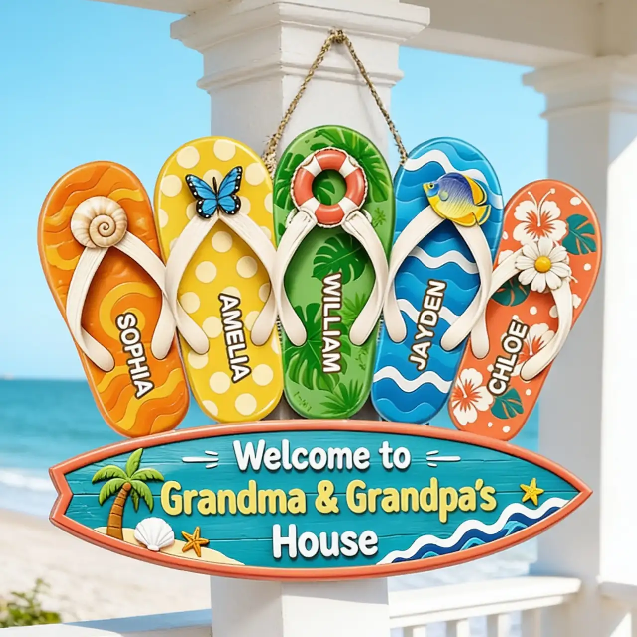 Wooden Sign with Sunny Flip Flops, Welcome to Grandma & Grandpa's House, Unique Creative Family Gift