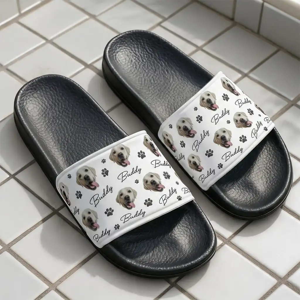Custom Men's Leather Slide Sandals With Dog Portrait & Paw Print Pattern, Creative Gift For Pet Lovers
