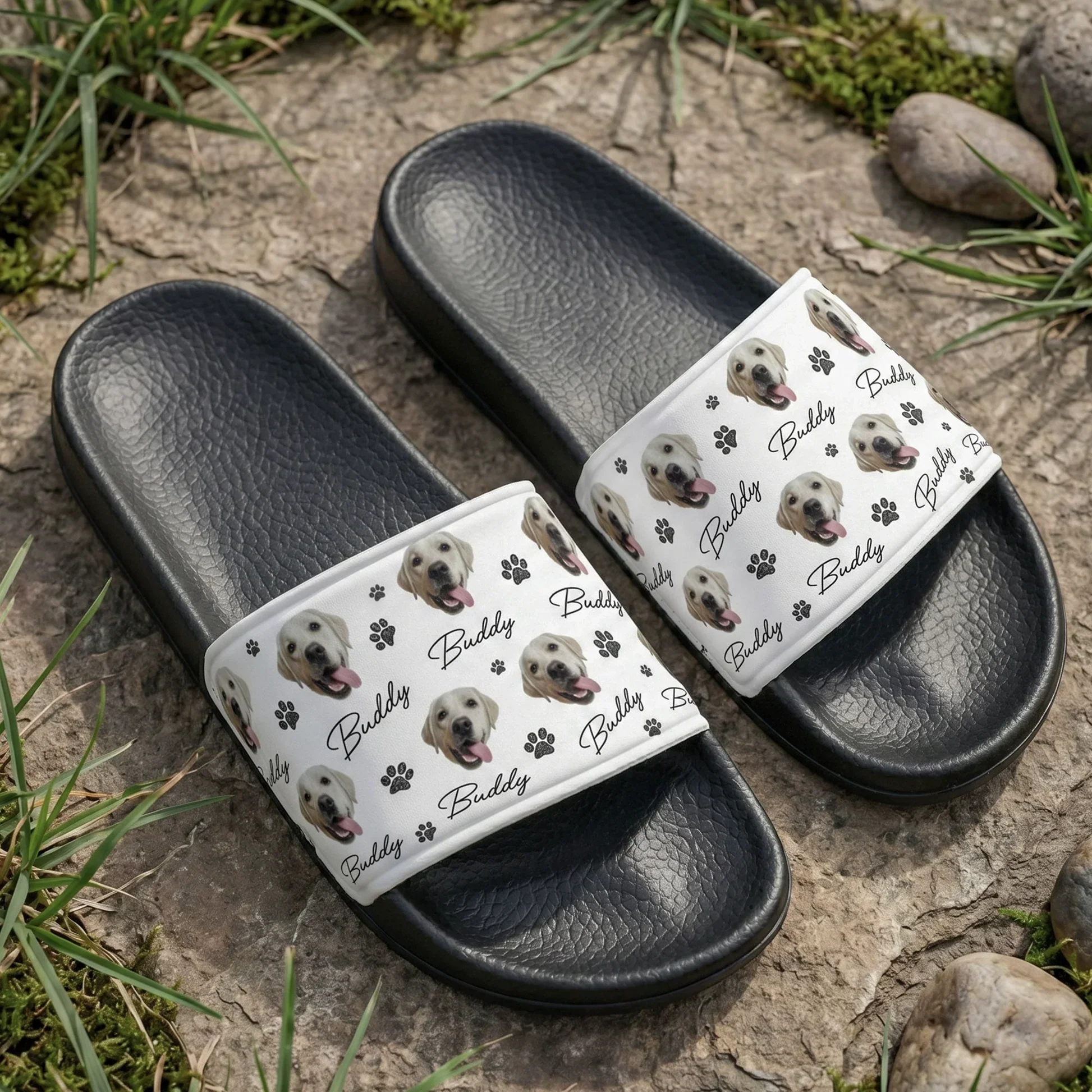Custom Men's Leather Slide Sandals With Dog Portrait & Paw Print Pattern, Creative Gift For Pet Lovers - Image 2