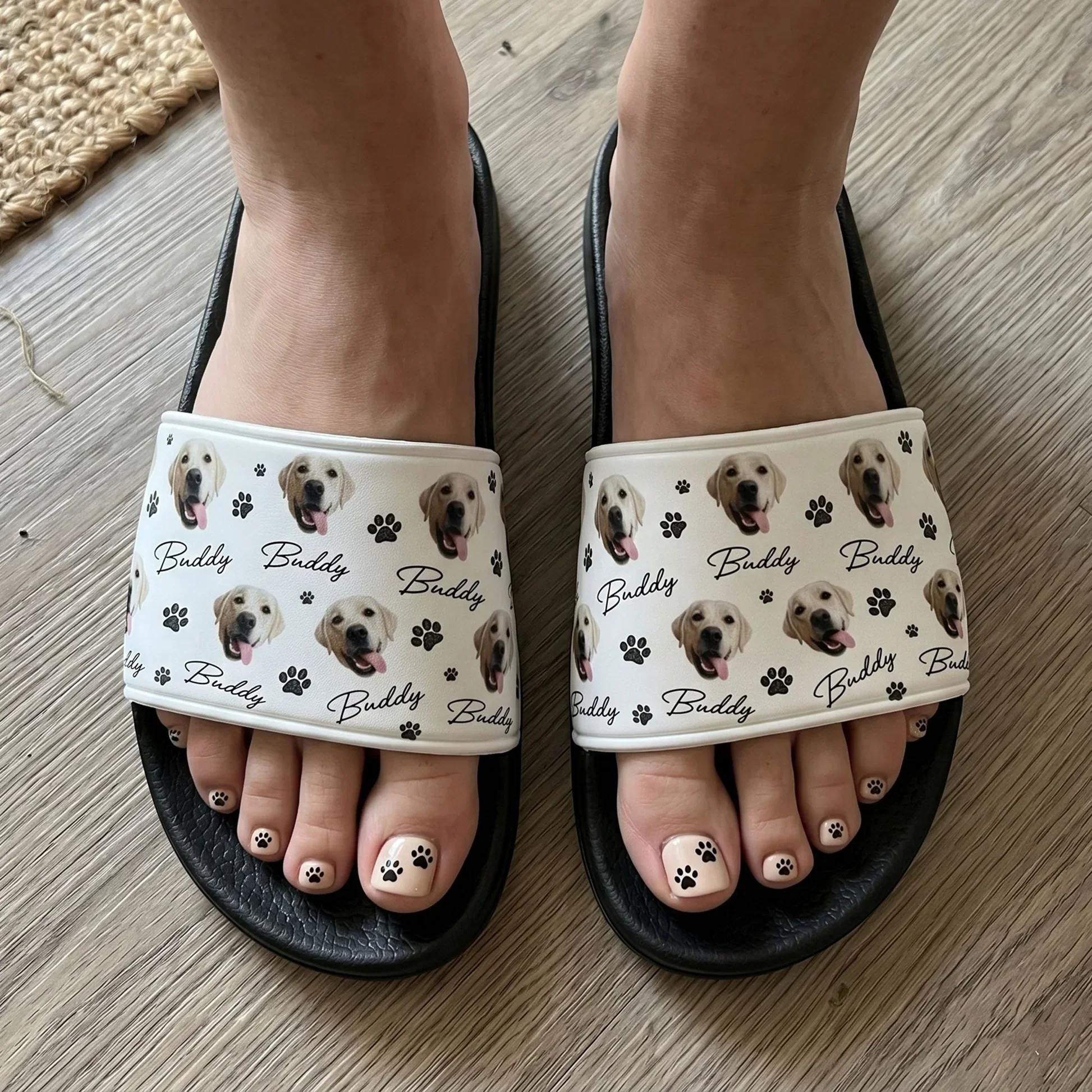 Custom Men's Leather Slide Sandals With Dog Portrait & Paw Print Pattern, Creative Gift For Pet Lovers - Image 3