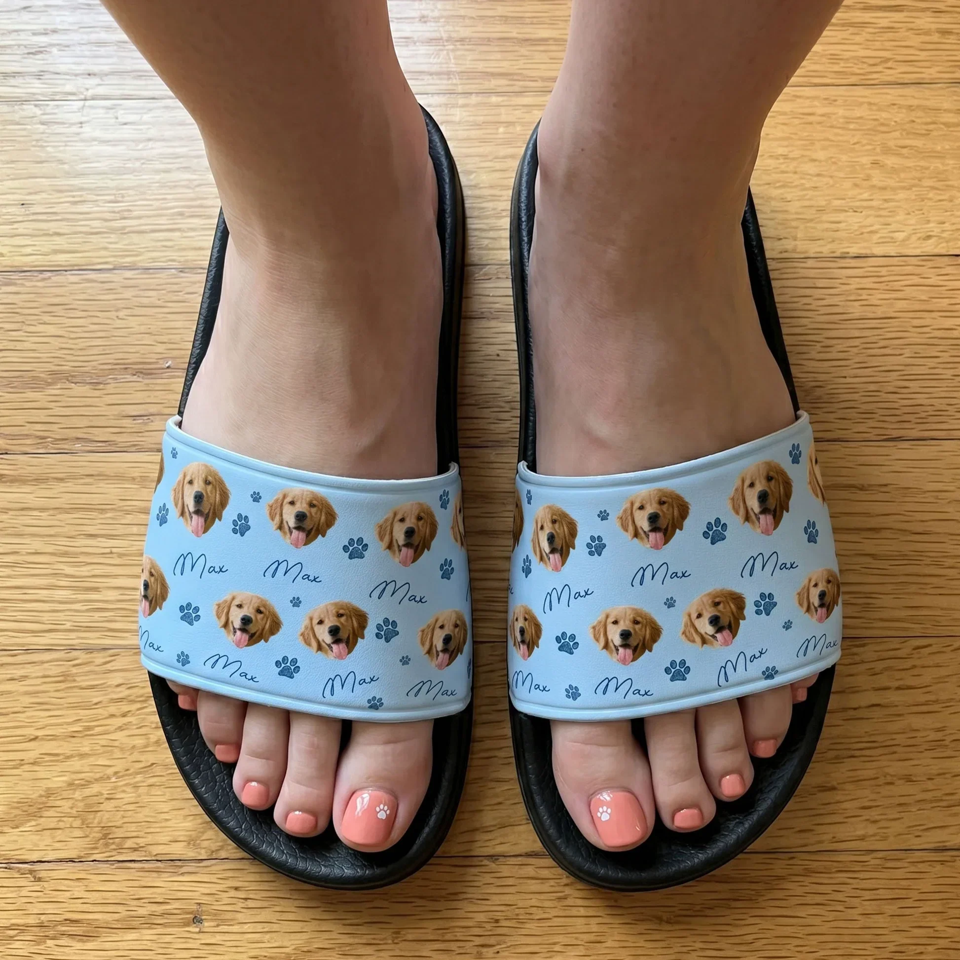 Custom Men's Leather Slide Sandals With Dog Portrait & Paw Print Pattern, Creative Gift For Pet Lovers - Image 5