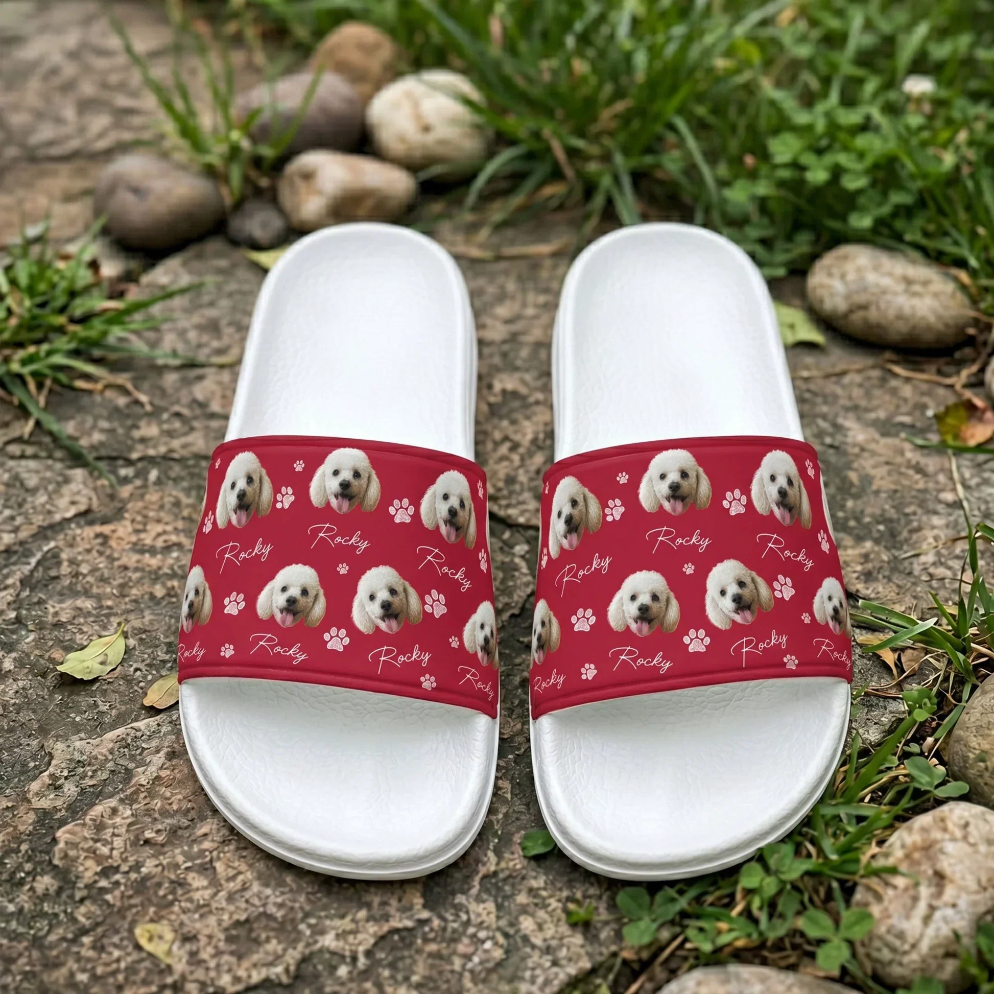 Custom Men's Leather Slide Sandals With Dog Portrait & Paw Print Pattern, Creative Gift For Pet Lovers - Image 6