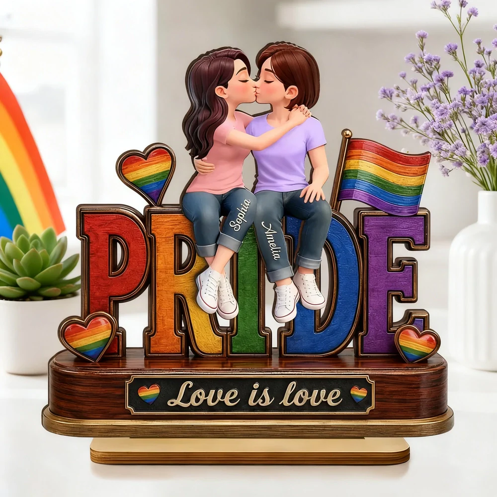 Personalized 2-Layer Wooden Plaque, Same-Sex Couple Kissing, Love Is Love, Unique Gift for Her