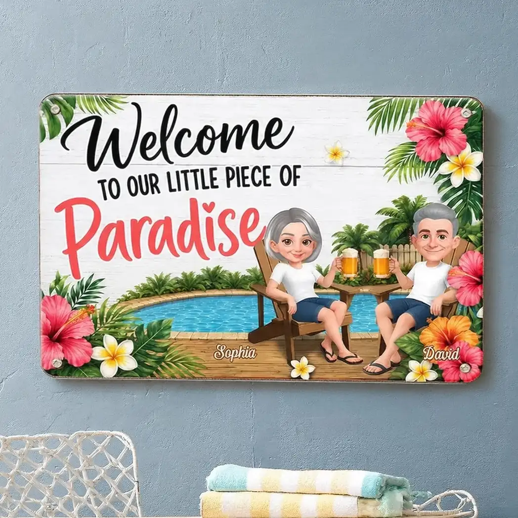 Personalized Rectangular Iron Sign with Sitting Couple, Tropical Pool Welcome Decor, Unique Gift for Couples