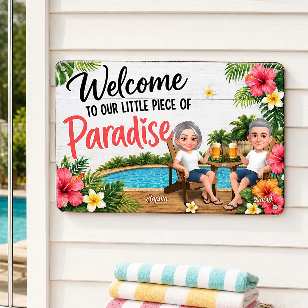 Personalized Rectangular Iron Sign with Sitting Couple, Tropical Pool Welcome Decor, Unique Gift for Couples - Image 2