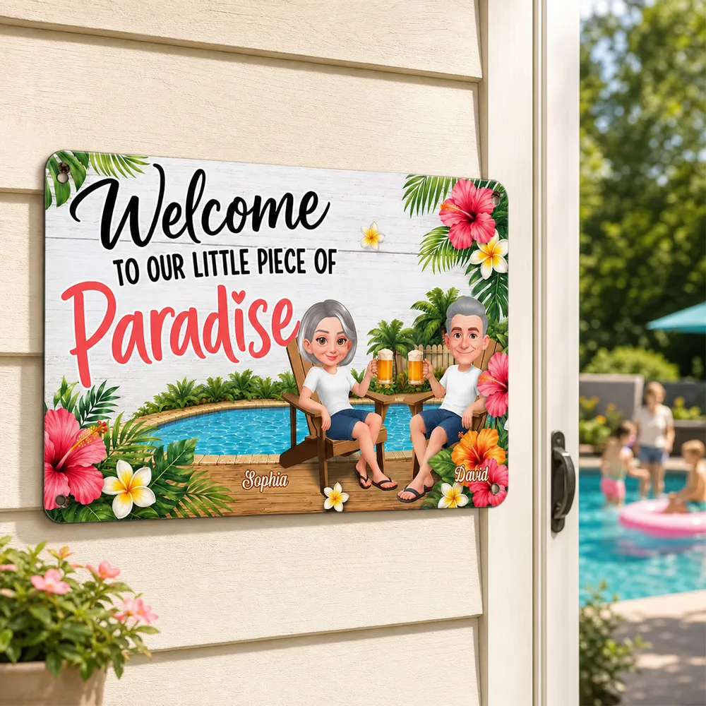 Personalized Rectangular Iron Sign with Sitting Couple, Tropical Pool Welcome Decor, Unique Gift for Couples - Image 3