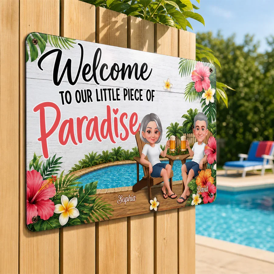 Personalized Rectangular Iron Sign with Sitting Couple, Tropical Pool Welcome Decor, Unique Gift for Couples - Image 4