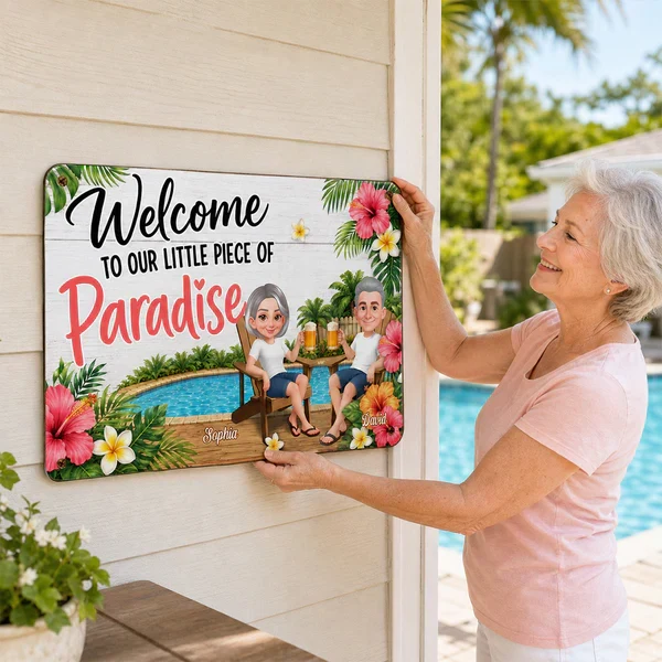 Personalized Rectangular Iron Sign with Sitting Couple, Tropical Pool Welcome Decor, Unique Gift for Couples - Image 5