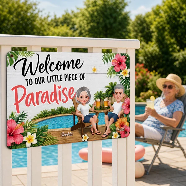 Personalized Rectangular Iron Sign with Sitting Couple, Tropical Pool Welcome Decor, Unique Gift for Couples - Image 6