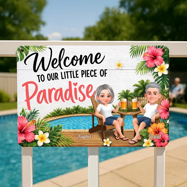 Personalized Rectangular Iron Sign with Sitting Couple, Tropical Pool Welcome Decor, Unique Gift for Couples - Image 7
