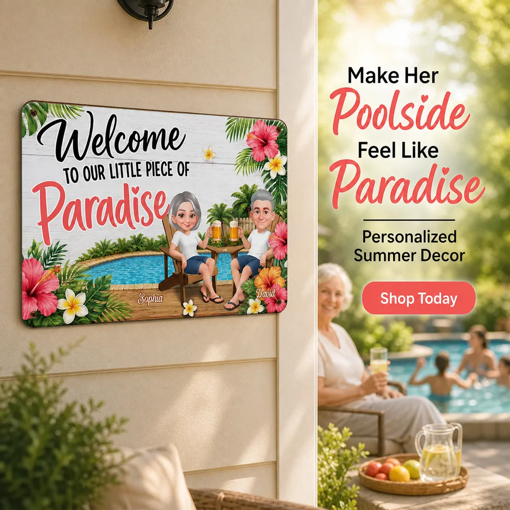 Personalized Rectangular Iron Sign with Sitting Couple, Tropical Pool Welcome Decor, Unique Gift for Couples - Image 8