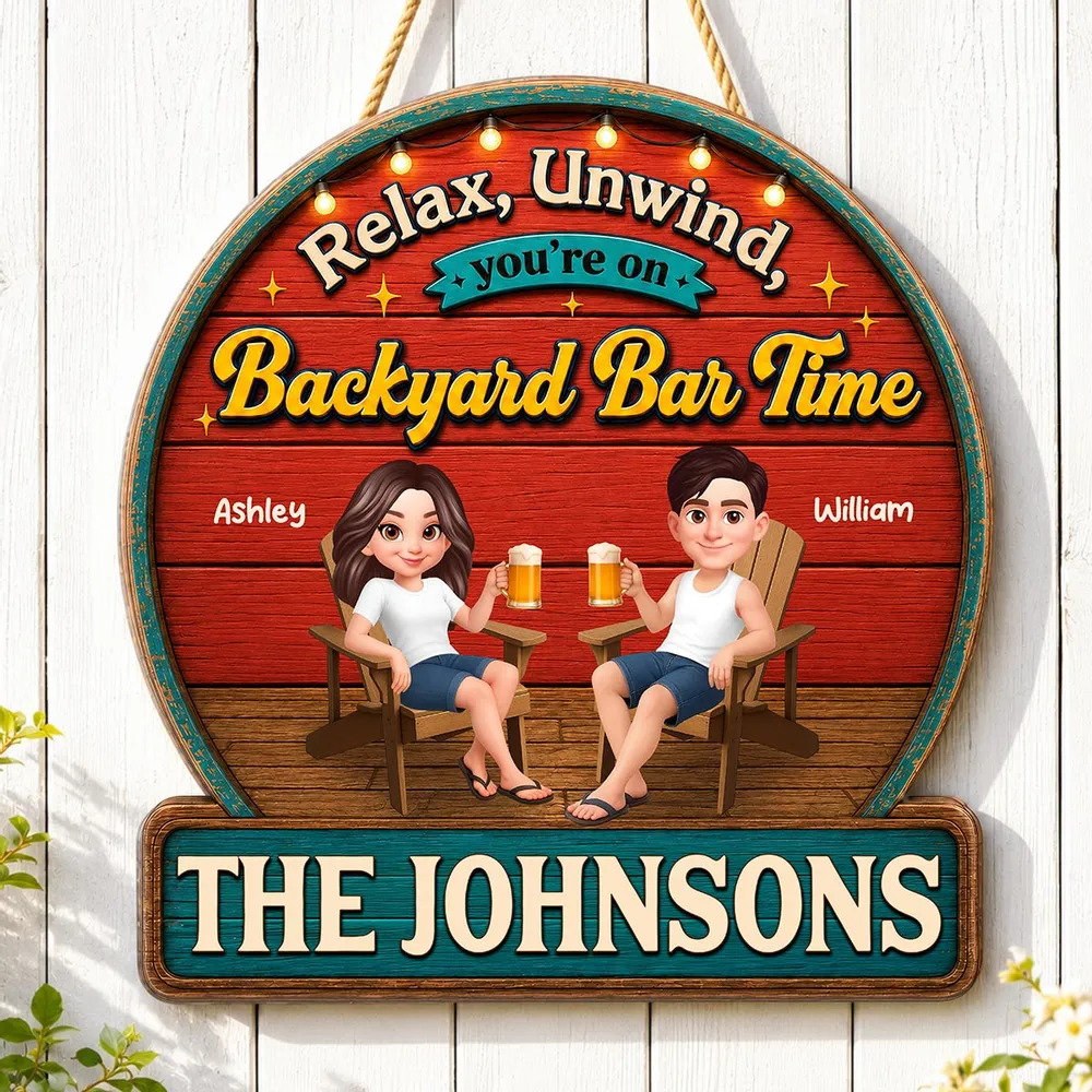 Personalized Wooden Sign with Relax & Unwind Backyard Bar Design, Creative Gift for Couple - Image 2