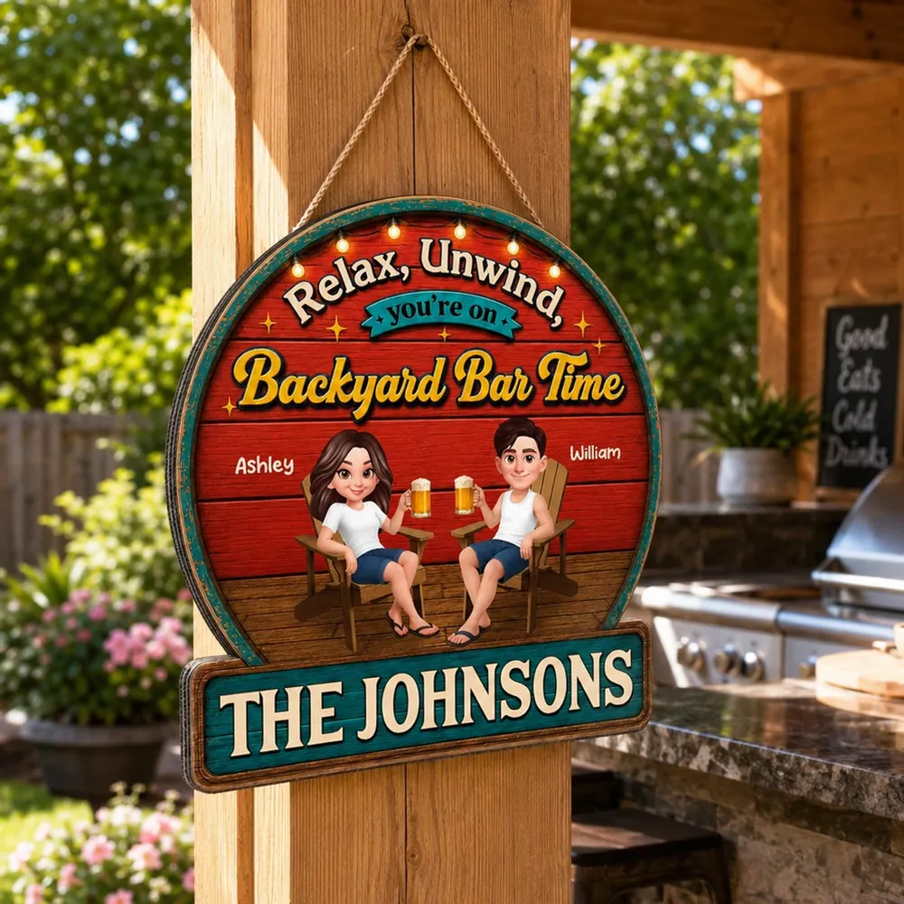 Personalized Wooden Sign with Relax & Unwind Backyard Bar Design, Creative Gift for Couple - Image 3