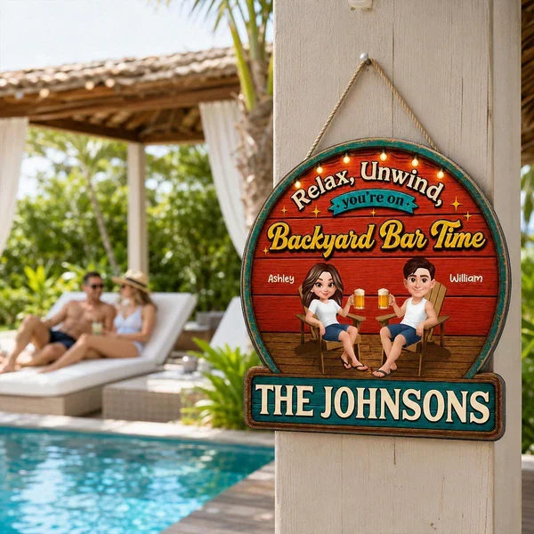 Personalized Wooden Sign with Relax & Unwind Backyard Bar Design, Creative Gift for Couple - Image 8