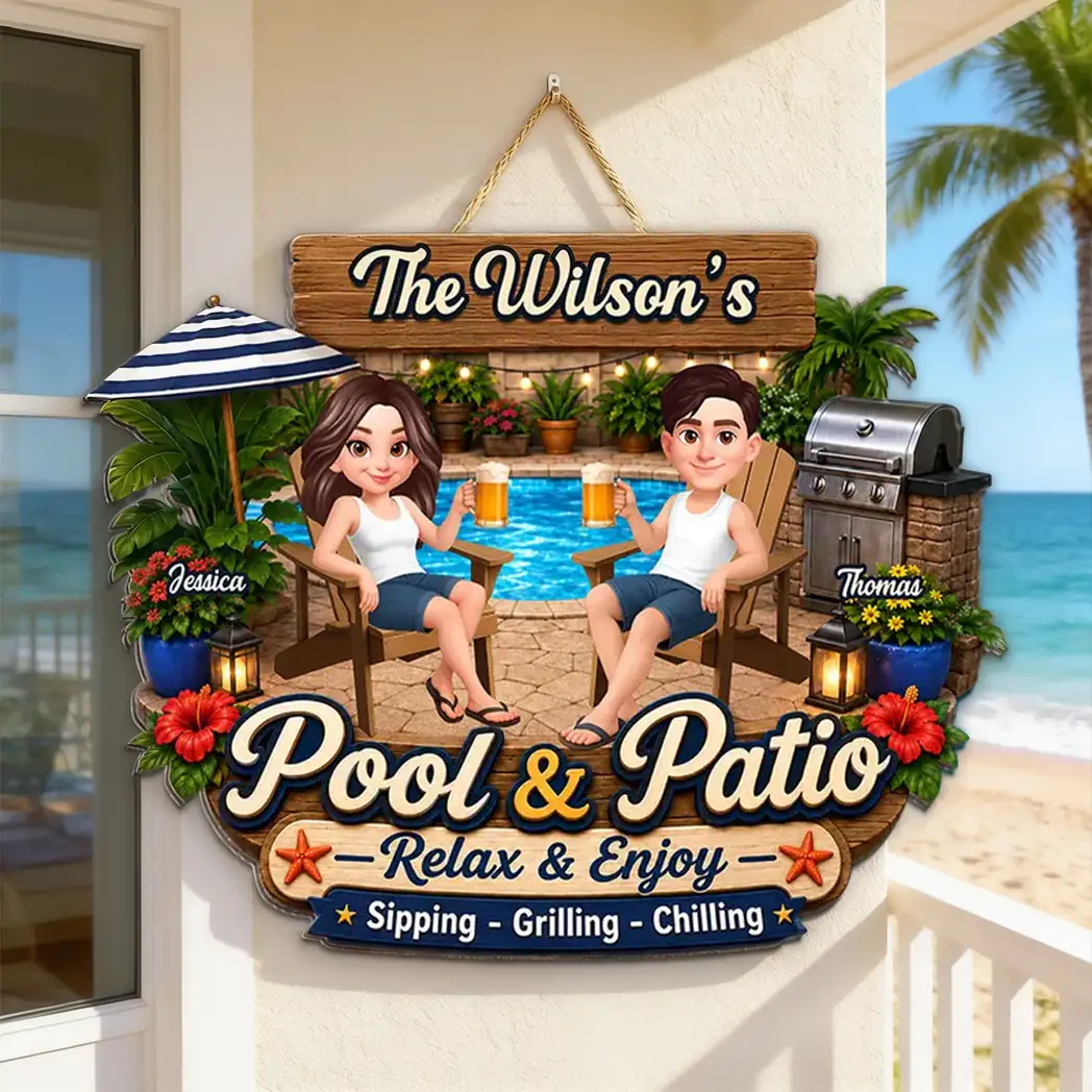 Personalized Wooden Sign, Relax & Enjoy Pool & Patio Scene, Creative Gift For Couple's Outdoor Space