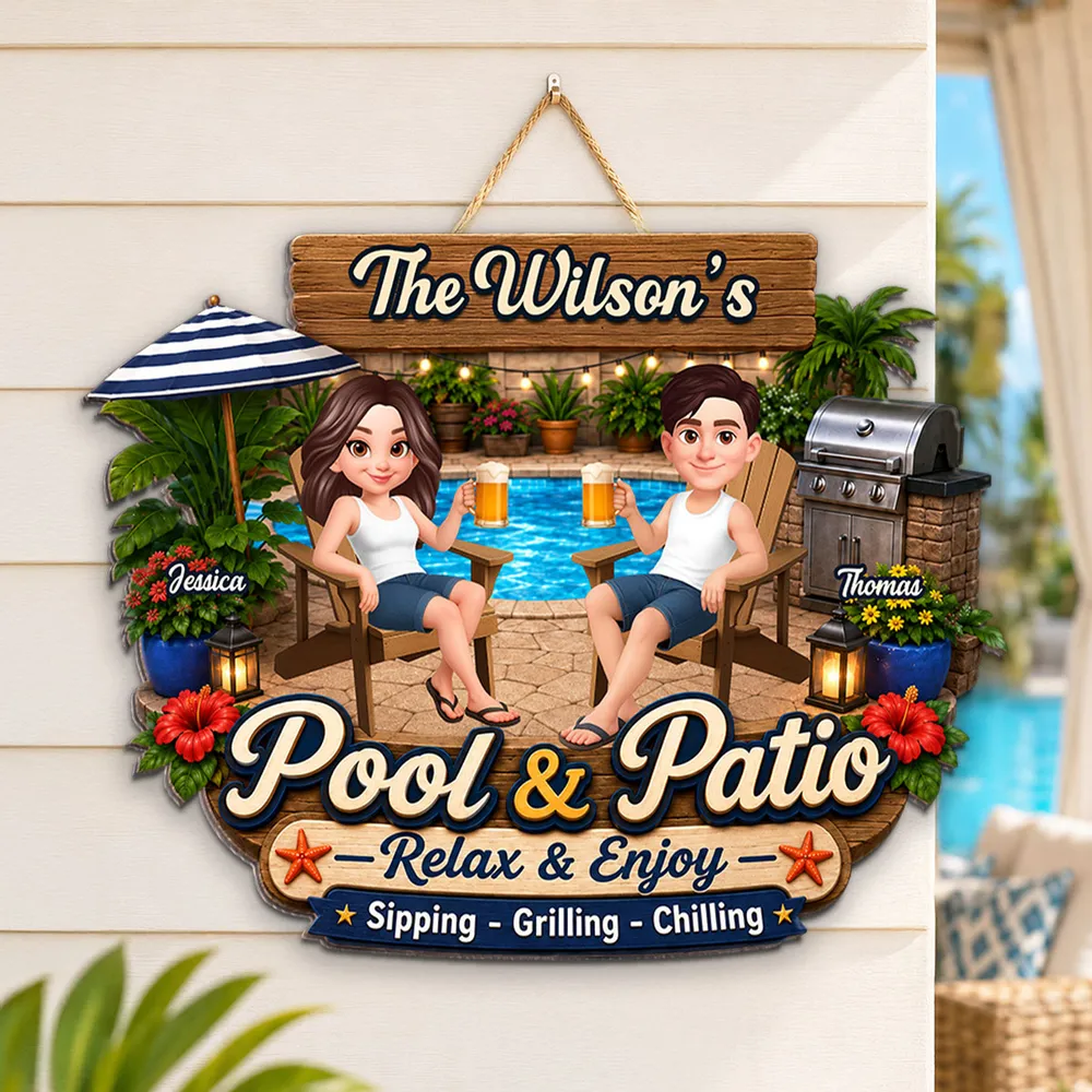 Personalized Wooden Sign, Relax & Enjoy Pool & Patio Scene, Creative Gift For Couple's Outdoor Space - Image 2