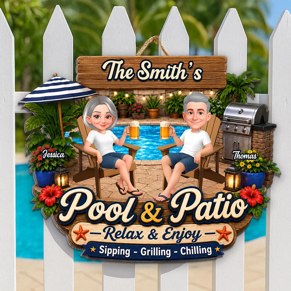 Personalized Wooden Sign, Relax & Enjoy Pool & Patio Scene, Creative Gift For Couple's Outdoor Space - Image 3