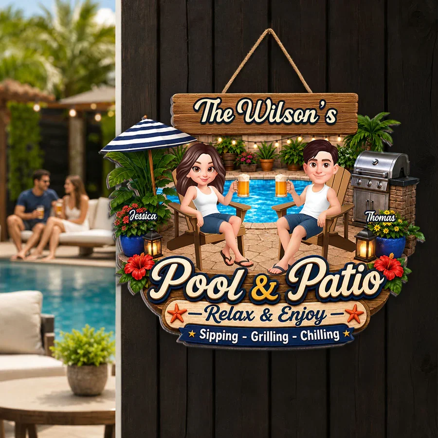 Personalized Wooden Sign, Relax & Enjoy Pool & Patio Scene, Creative Gift For Couple's Outdoor Space - Image 5