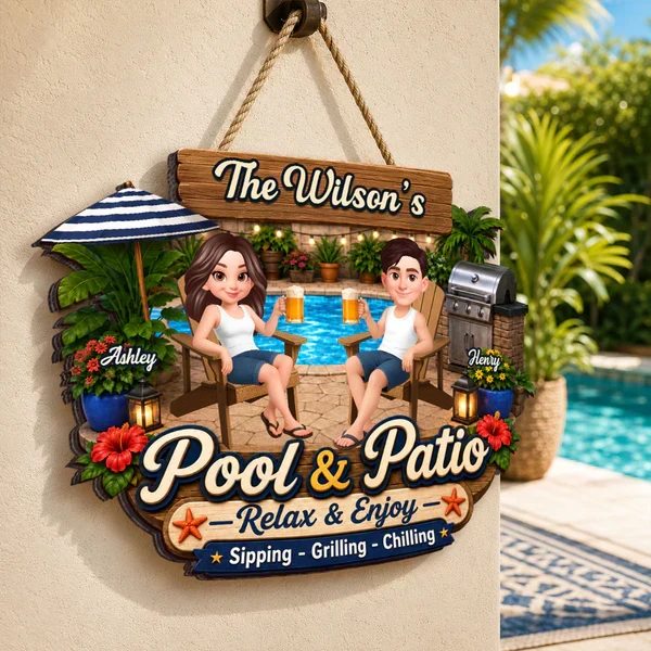 Personalized Wooden Sign, Relax & Enjoy Pool & Patio Scene, Creative Gift For Couple's Outdoor Space - Image 6