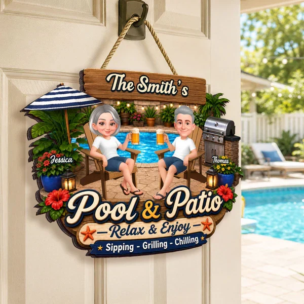 Personalized Wooden Sign, Relax & Enjoy Pool & Patio Scene, Creative Gift For Couple's Outdoor Space - Image 7