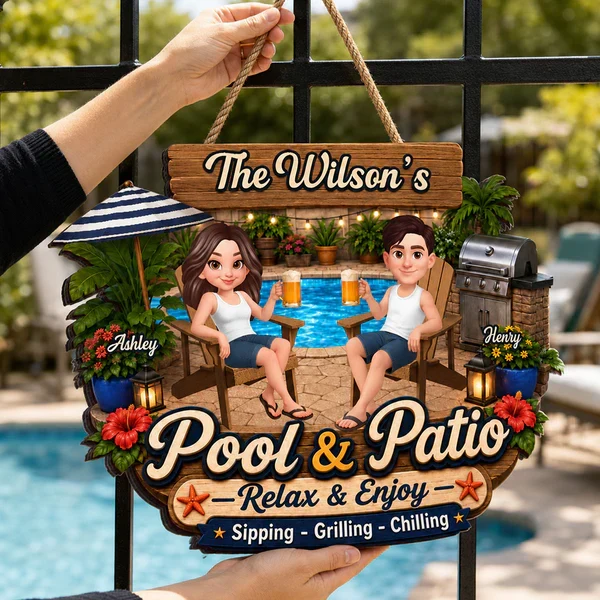 Personalized Wooden Sign, Relax & Enjoy Pool & Patio Scene, Creative Gift For Couple's Outdoor Space - Image 8