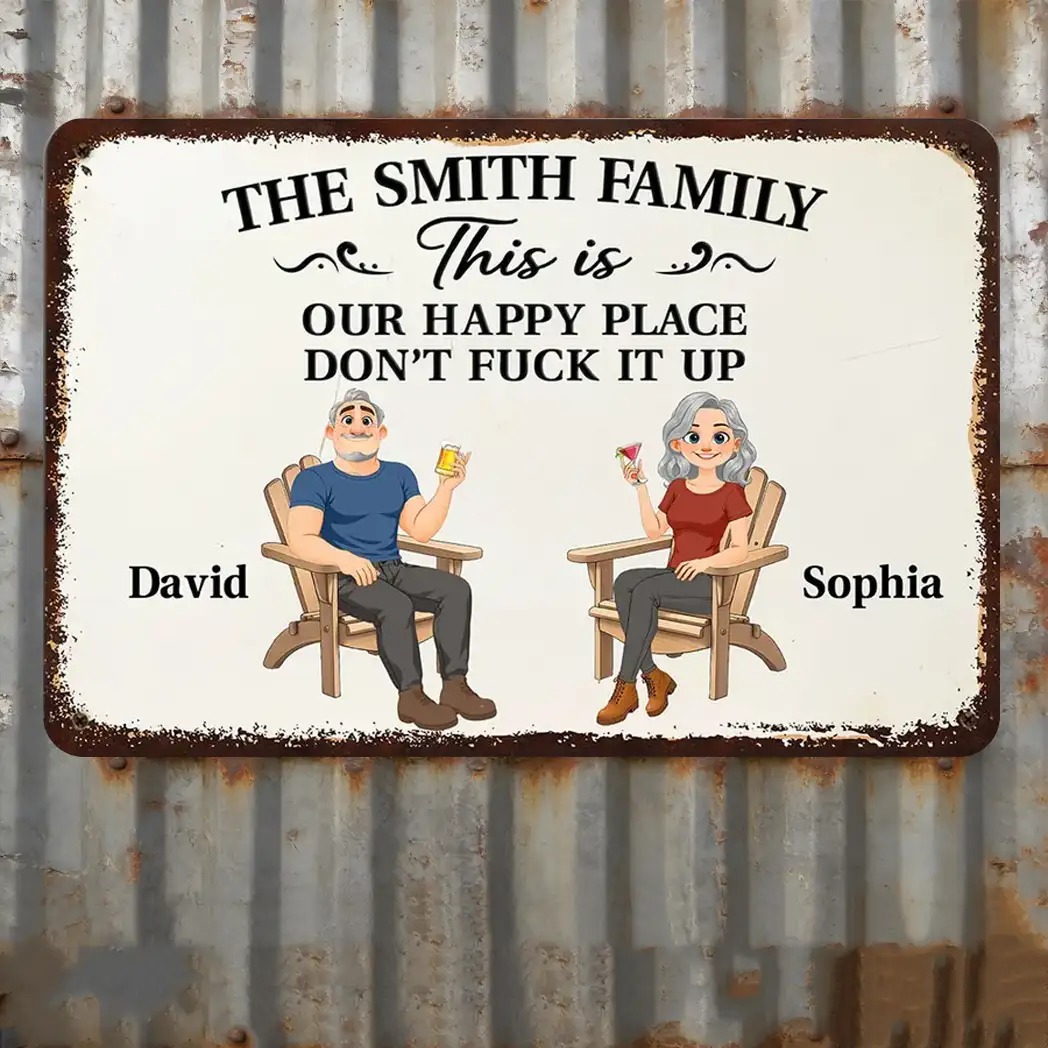 Personalized Rectangular Iron Sign, Seated Couple Happy Place Decor, Unique Gift for Family