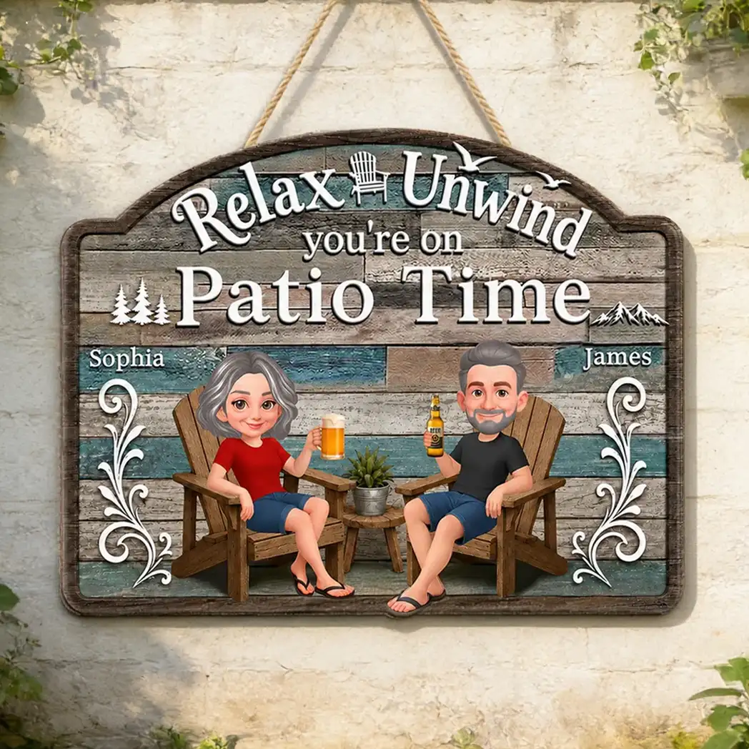 Personalized Wooden Sign, Relax & Unwind Patio Time Couple Cartoon, Unique Gift for Patio Lovers