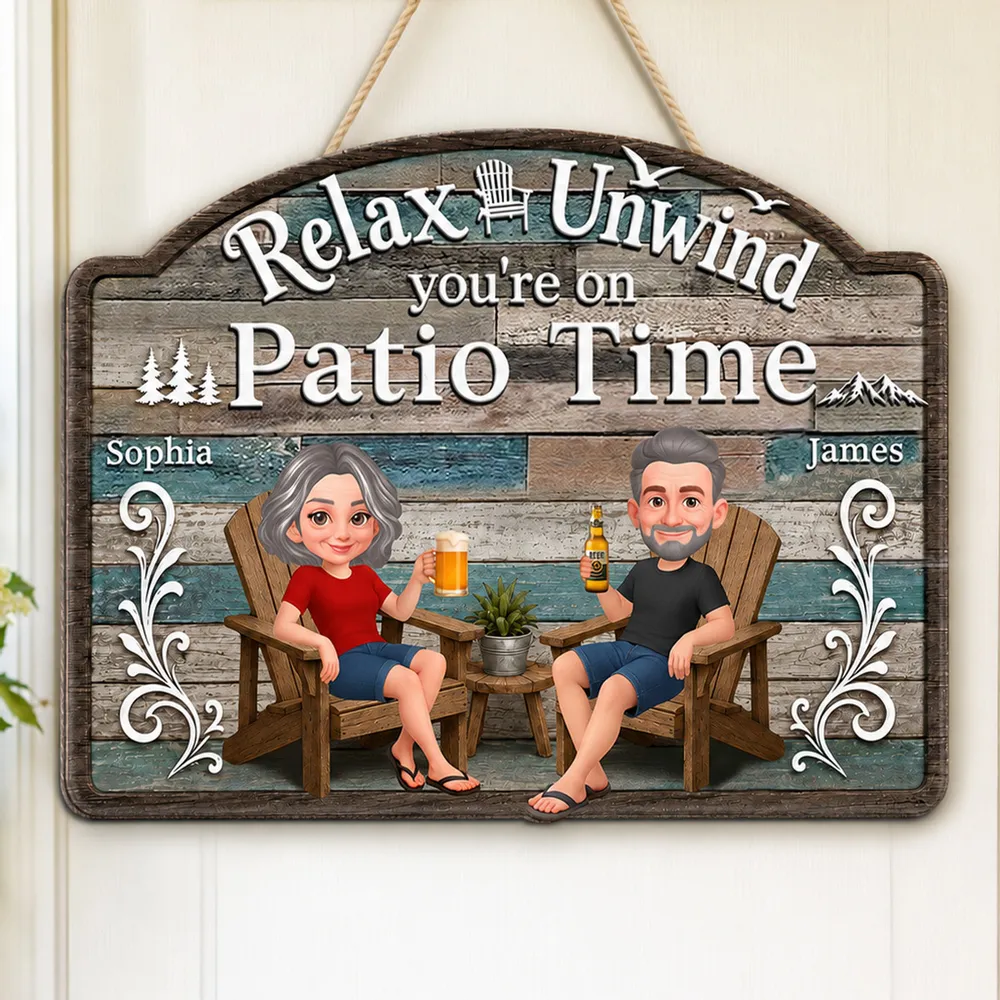 Personalized Wooden Sign, Relax & Unwind Patio Time Couple Cartoon, Unique Gift for Patio Lovers - Image 2