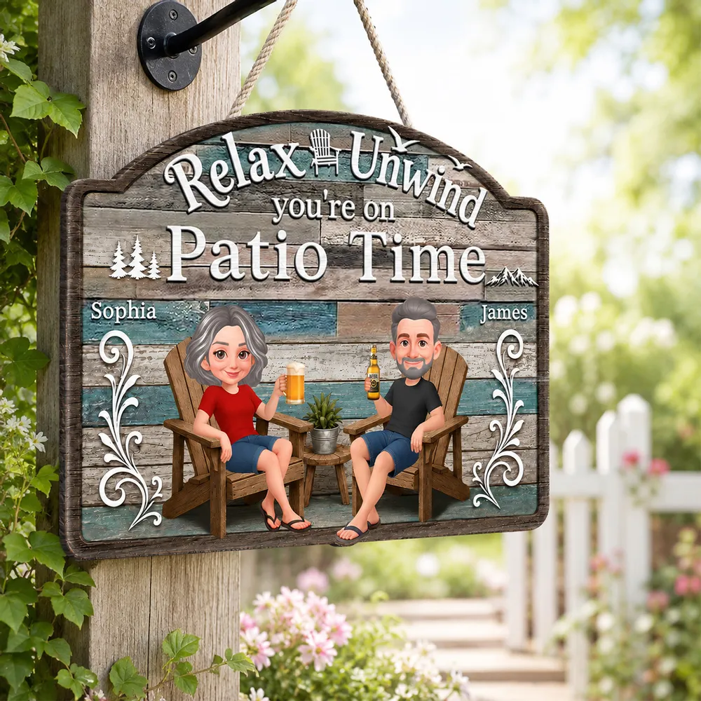Personalized Wooden Sign, Relax & Unwind Patio Time Couple Cartoon, Unique Gift for Patio Lovers - Image 3