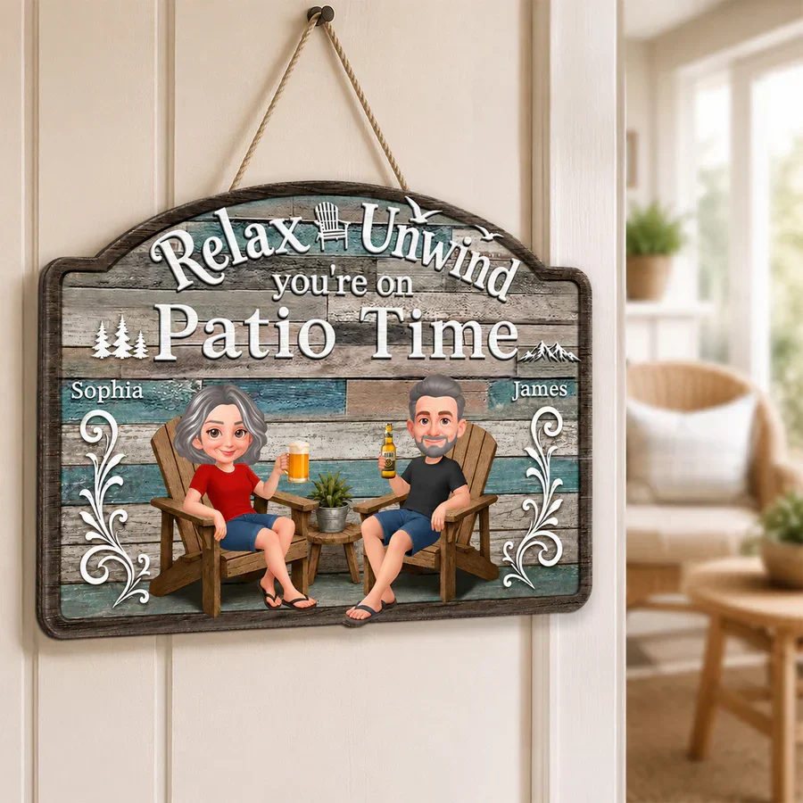 Personalized Wooden Sign, Relax & Unwind Patio Time Couple Cartoon, Unique Gift for Patio Lovers - Image 4