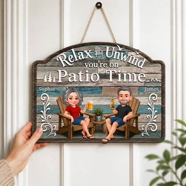 Personalized Wooden Sign, Relax & Unwind Patio Time Couple Cartoon, Unique Gift for Patio Lovers - Image 5