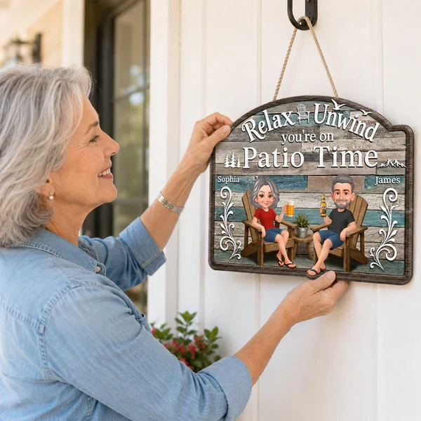 Personalized Wooden Sign, Relax & Unwind Patio Time Couple Cartoon, Unique Gift for Patio Lovers - Image 6