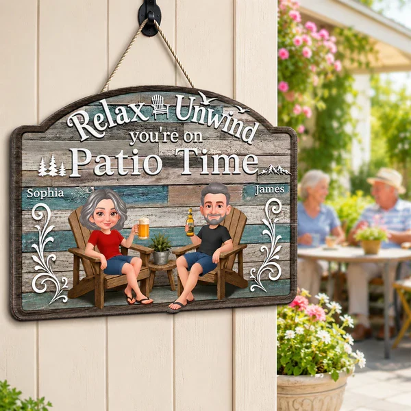 Personalized Wooden Sign, Relax & Unwind Patio Time Couple Cartoon, Unique Gift for Patio Lovers - Image 7
