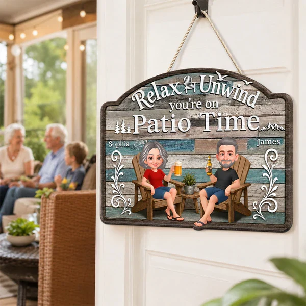 Personalized Wooden Sign, Relax & Unwind Patio Time Couple Cartoon, Unique Gift for Patio Lovers - Image 8